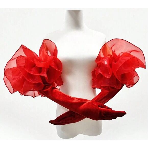 New Red‎ Velvet Opera Evening Gloves Large Tulle Puffs Vintage Style Long Formal - Picture 4 of 5